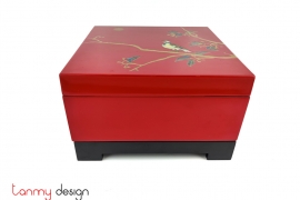 Red square lacquer box hand painted with bird on the branch included with stand 25 cm